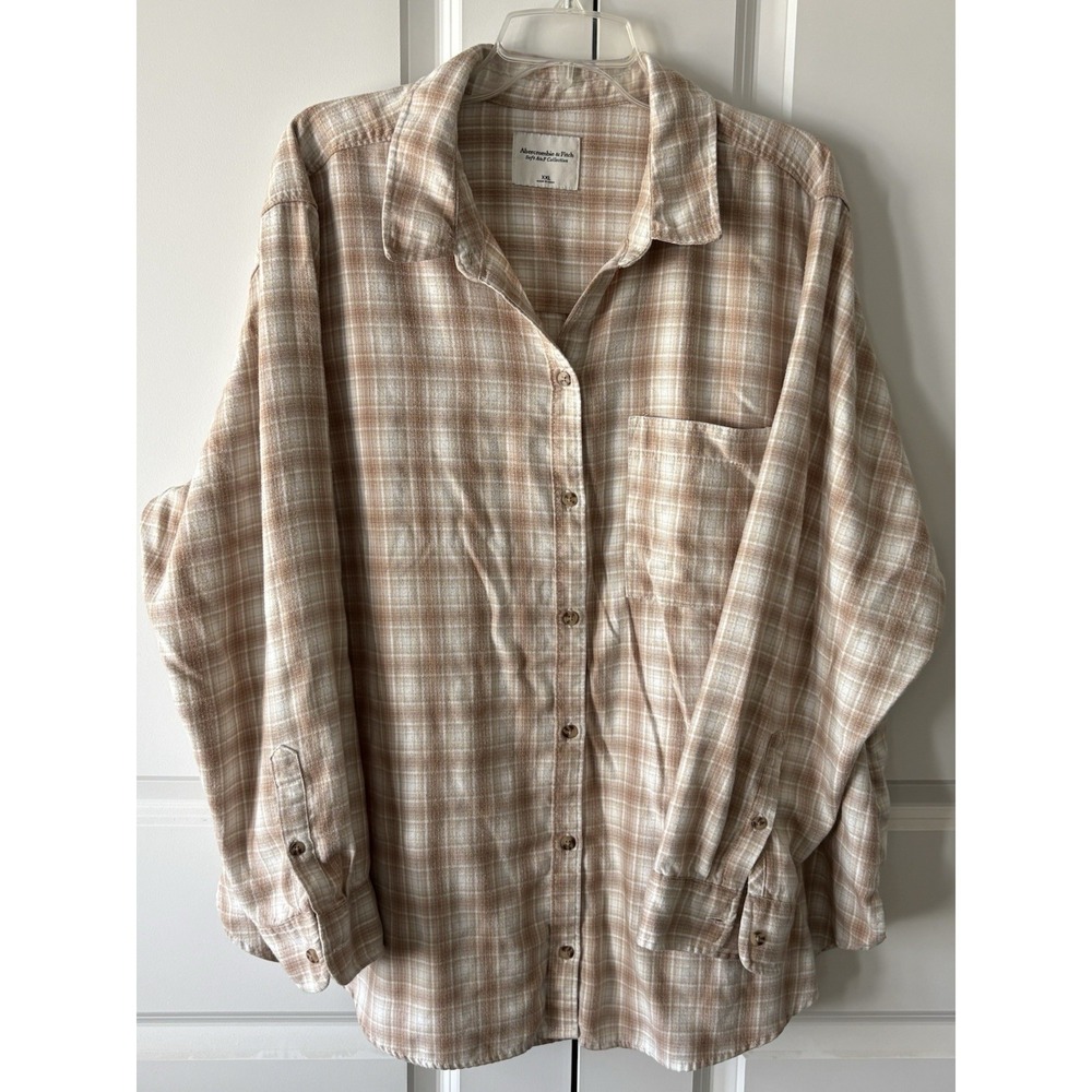 Abercrombie & Fitch Soft A&F Flannel Shirt Women's XXL Brown Cream Plaid